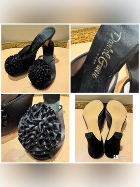 Vintage 50s Daniel Green black satin heeled boudoir slipper heels